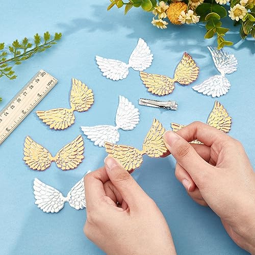 GORGECRAFT 40 PCS 2.5 Pouces Laser Ailes D'Ange Tissu Patchs en Relief Applique 2 Couleurs Mini Ailes Artisanat pour DIY Artisanat Cheveux Accessoires Décoration Vêtements Ornement Fournitures - Nail Gallerys