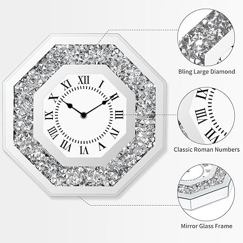 Horloge murale moderne à paillettes pour salon - Sans bruit de tic-tac - Argenté - De luxe - Diamant - 30 cm - Avec mouvement à quartz silencieux - Décoration en cristal - Nail Gallerys