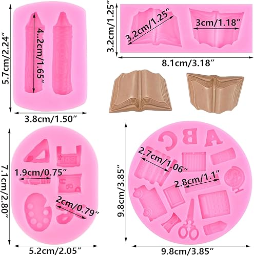 RFGHAC Lot de 4 moules en silicone pour la rentrée des classes en forme de livre, fondant, crayon, règle, fournitures scolaires, moules à chocolat pour décoration de gâteaux, pâte à sucre, pâte à - Nail Gallerys
