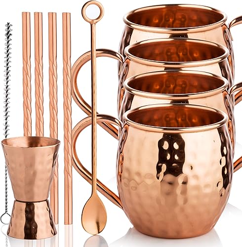 Ensemble de 4 tasses en cuivre mule de Moscou - jigger en cuivre, pailles en cuivre torsadées, cuillère en cuivre avec tasses en cuivre 4x16 oz. - Nail Gallerys