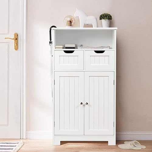 COSTWAY Meuble de Salle de Bain, Commode Blanc de Toilette avec 2 Tiroirs et 2 Portes, Meuble sur Pied Polyvalent pour Entrée, Salon, 60 x 30 x 109 cm (Blanc) - Nail Gallerys