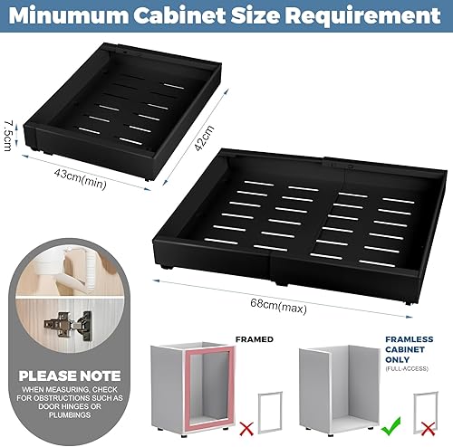 Lot de 2 tiroirs extensibles télescopiques pour armoires de cuisine, largeur réglable de 42,5 à 68 cm, pas de perçage nécessaire, avec système de rails pour armoires de cuisine - Nail Gallerys