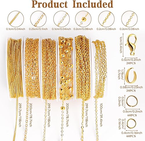 OCCOUMR 14 m - 6 rouleaux de chaîne à maillons dorés - Vendu au mètre - Accessoires de fabrication de bijoux avec anneaux et fermoirs mousquetons et anneaux en U - Chaîne pour colliers et bracelets - Nail Gallerys