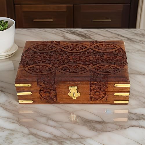Ajuny Boîte de Rangement Décorative en Bois Sculpté à la main pour Bijoux Sculptures Florales Coffre au Trésor Polyvalent Organisateur de Souvenirs Colliers Boîtes de Montres Cadeaux 8x5 pouces - Nail Gallerys