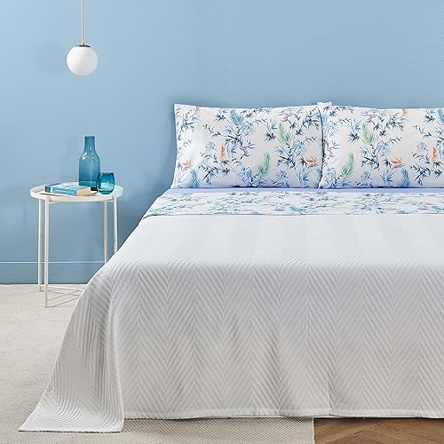 Zucchi Parure de lit 2 places 100 % percale de pur coton, drap housse avec coins + drap housse + 2 taies d'oreiller Art Puket couleur bleu clair B2 - Nail Gallerys