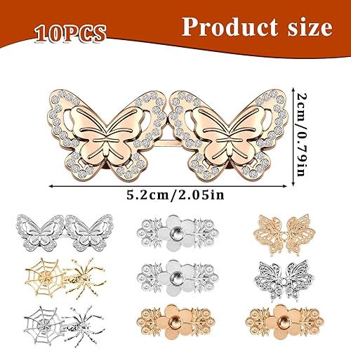 Qianyu Lot de 10 boucles de taille réglables pour pantalons sans clous - Clip en métal - Papillons - Boutons sans couture - Boutons amovibles - Clips pour pantalons et jeans - Nail Gallerys
