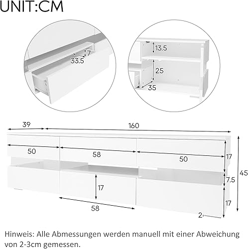 ModernLuxe Meuble TV blanc brillant avec éclairage LED, meuble TV pour votre salon, 160 x 39 x 45 cm, ouverture à pression, 2 portes, 1 tiroir, compartiment ouvert, pour téléviseur de 70' - Nail Gallerys