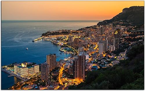 DECLINA Tableau Coucher de Soleil sur Monaco - Impression Photo Ville sur Toile décoration Murale Paysage - Déco Maison, Cuisine, Salon, Chambre Adulte - Multicouleur 100x60 cm - Nail Gallerys