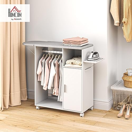 HOMCOM Armoire pour Table à Repasser en aggloméré et éponge avec étagère en Tissu Effet Lin, 3 étagères cubiques et Rail de Suspension, 127x42.5x99 cm, Blanc - Nail Gallerys