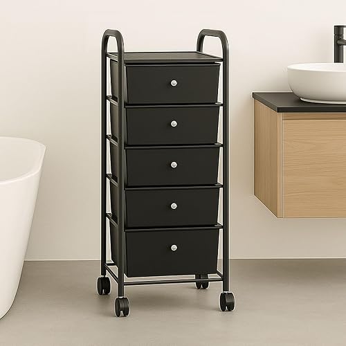 IDIMEX Caisson de Rangement sur roulettes GINA, Colonne de 5 tiroirs et 1 étagère pour Salle de Bain ou Bureau, en Plastique et métal Noir - Nail Gallerys