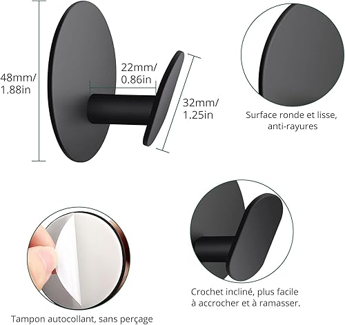 JiGiU 6 Pcs Crochet Adhesif Mural Crochets Serviette Salle de Bain Sans Perçage Crochets Mural Imperméable et Résistant à l'Huile en Acier Inoxydable pour Cuisine, Bureau, Salon- Noir Mat - Nail Gallerys