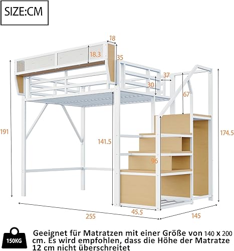 Transplant Lit mezzanine, 140 x 200 cm, en métal, blanc, multifonction, avec échelle de sécurité, compartiment de rangement flexible et sommier à lattes en métal, peu encombrant, pour adultes et - Nail Gallerys