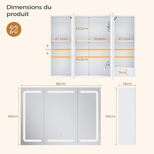 mojiasion Armoire Murale Salle de Bain avec Miroir LED 60x80x16cm - 3 Températures de Couleur, Intensité Réglable + Commande Tactile, 3 Étagères Amovibles & Prise Intégrée - Nail Gallerys