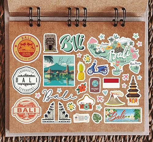 Feuille d'autocollants A5 en vinyle avec monuments de Bali – Indonésie, plage, mer, timbres, horizon, drapeau, voyage, carte de vacances, ville, scrapbooking, esthétique #80531 - Nail Gallerys