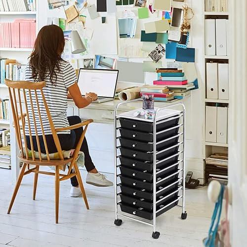 Giantex 10 Tiroirs Chariot de Rangement, Tour de Rangement Bureau sur roulettes, Desserte à roulettes Verrouillables avec Cadre Métal, Idéal pour Bureau, Salon, Chambre, 63x37x87CM (Transparent) - Nail Gallerys