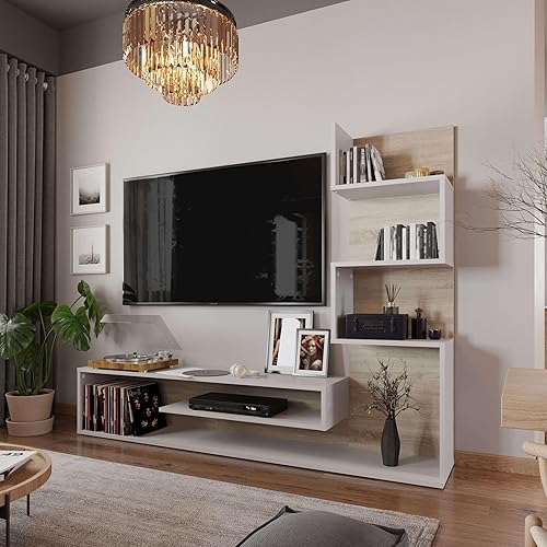 Miroytengo Module TV pour salon salle à manger Snake style nordique couleur chêne Sonoma et Nymphaea Alba avec 4 étagères 160 x 130 x 29 cm - Nail Gallerys