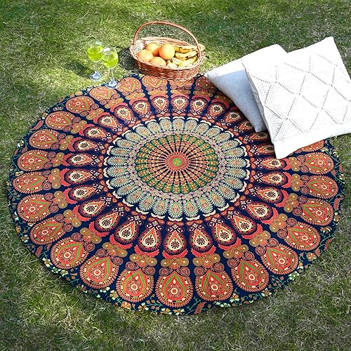 RAJRANG Tapisserie ronde paon mandala vert doré bohème en coton à suspendre au mur, nappe, jeté de plage, 122 cm - Nail Gallerys