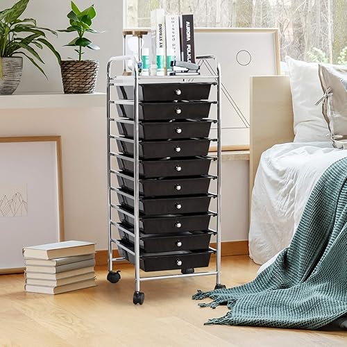 HOMASIS Chariot de Rangement avec 10 tiroirs, Chariot de Service avec Structure métallique et PP, Chariot latéral avec Roues verrouillables pour Salon, Chambre, Bureau, 38x33x86,5cm (Noir) - Nail Gallerys