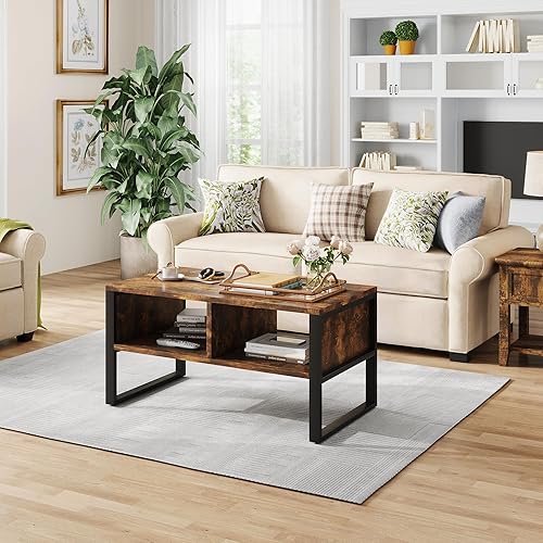 SHOWHA Table Basse,Buffet Bas avec 2 Compartiments de Rangement,Table de Salon en Bois de Haute Qualité et Structure en Métal,Marron Rustique et Noir,90 x 48 x 45 cm - Nail Gallerys