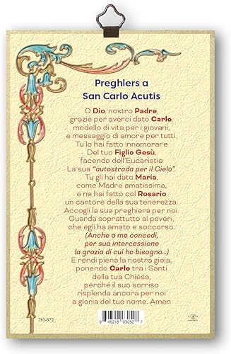 Fratelli Bonella | Tableau sacré sur bois MDF de peuplier 8 mm avec mosaïque en feuille dorée représentant Carlo Acutis avec prière sur le dos 10 x 15 cm | Fabriqué en Italie - Nail Gallerys