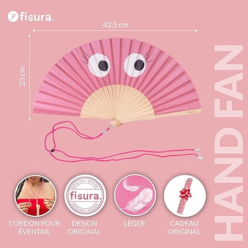Fisura – Éventail en bois orné d’un imprimé yeux roses. Accessoire tendance et coloré, ventilateur de poche rose avec crochet inclus. Taille : 42,5 x 23 cm - Nail Gallerys