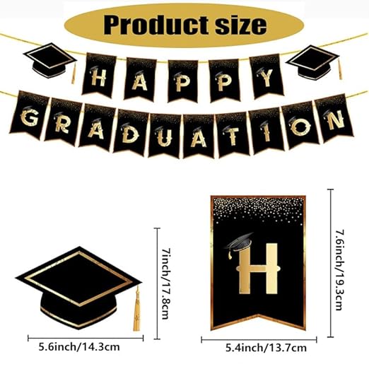 Bannière « Happy Graduation » – Décorations de remise de diplôme, chapeau noir et doré à suspendre pour fête de remise de diplôme, université, lycée, maison, fête - Nail Gallerys