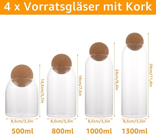LDXDRU Lot de 4 bocaux de conservation en verre avec couvercle en liège 500 + 800 + 1000 + 1300 ml - Bocaux de conservation hermétiques en verre - Pour la cuisine, les biscuits, le café, le sucre, les - Nail Gallerys