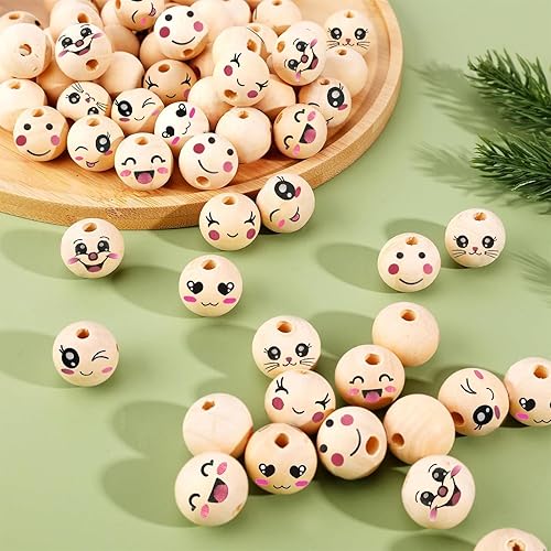 OPAHUTER 80 Pièces Perles en Bois Avec Visage, 20mm Sourire Naturel Non Traitées, Rondes Mignonnes pour Bricolage Bracelet Bijoux - Nail Gallerys