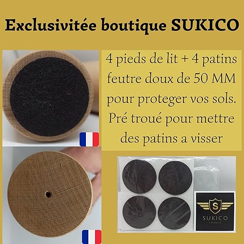 SUKICO 4 Pieds de lit Bois hêtre Naturel 20 cm Vernis Clair vis diamètre 8 avec Patins a Coller diam 50,pour sommiers tapissier. Longueur Fixation 2 cm Non Compatible sommier a Lattes - Nail Gallerys