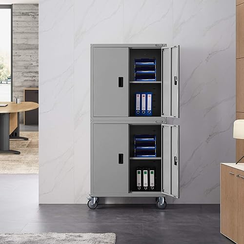 AREBOS Meuble de Bureau | Gris | 195 x 40 x 90 cm | Lot de 2 | 4 Portes | avec roulettes | Tablettes réglables en Hauteur | avec Serrure à Cylindre - Nail Gallerys