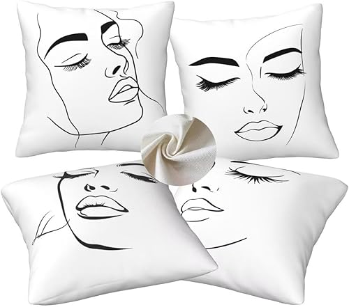 Housse Coussin 40x40 cm Lot de 4 Noir et Blanc Coussin Canape en Lin Housses de Coussins Visage Abstrait Taies D'Oreillers Carré Coussins Décoratifs pour Jardin Blench Salon Canapé Ferme Décor -LI102 - Nail Gallerys