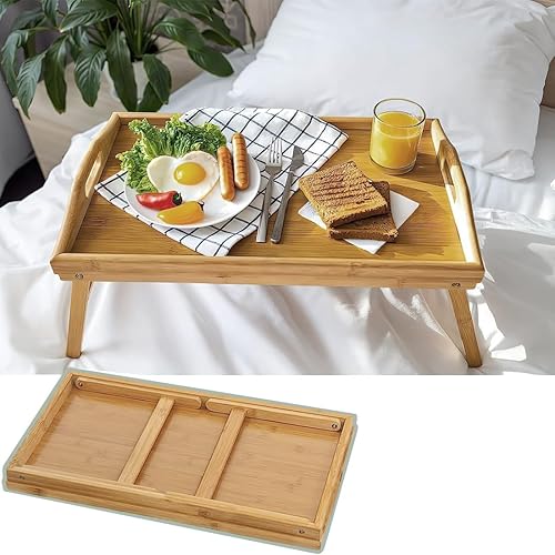 GNCHome Plateau en bambou avec double fonction : Table de petit-déjeuner avec pieds déployants et bord haut - Idéal pour lit et canapé - Table pliante - Plateau en bois - 50 x 30 x 23 cm - Nail Gallerys