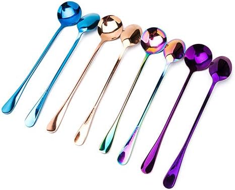 KOKER Lot de 8 cuillères à thé glacé à long manche en acier inoxydable (4 rondes et 4 pointes, multicolores) - Nail Gallerys