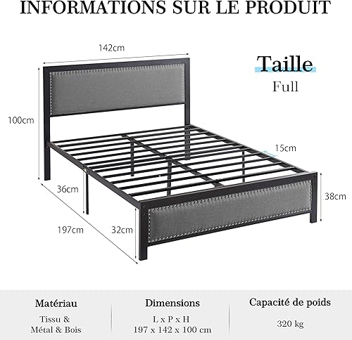 VECELO Cadre de Lit 140 x 190 cm en Lin Rembourrés, Lattes en Métal Robustes, Rangement sous Le Lit, Facile à Assembler, Gris - Nail Gallerys