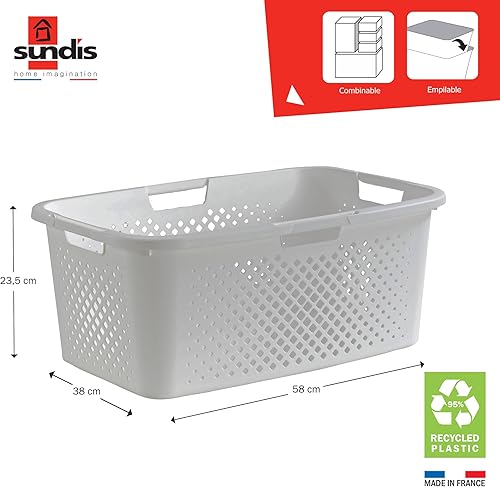 SUNDIS Pixel, panier à linge 40l, en plastique recyclé, blanc cassé, 4 poignées latérales, aération sur les 4 côtés - Nail Gallerys