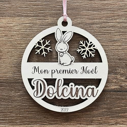 Boule de Noël en Bois personnalisée prénom bébé Mon Premier Noël Motif Lapin, décoration de Sapin de noël Personnalisable - Nail Gallerys
