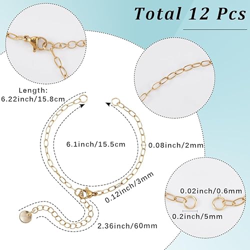 SUNNYCLUE 1 boîte de 12 bracelets à Chaîne en Trombones en Vrac Paquet de Chaînes en Or avec Maillons en Acier Inoxydable Fermoirs Mousquetons Extension pour Bracelet Fabrication de Bijoux Fournitures - Nail Gallerys