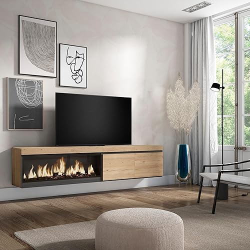 Skraut Home | Meuble TV | Banc Télé | Grand Espace de Rangement | 210 | pour Les TV jusqu'à 80' | Cheminée électrique XXL | Suspendu, Mural | Style Moderne | Chêne - Nail Gallerys