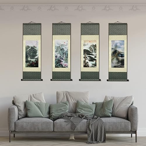 Peinture sur Rouleau Soie Asiatique Décoration Murale Peinture Paysage de Rivière Cascade - Pin Accueillant Les Invités Défilement ​Peinture Chinoise à Suspendre Décoration Orientale (94 x 30cm) - Nail Gallerys
