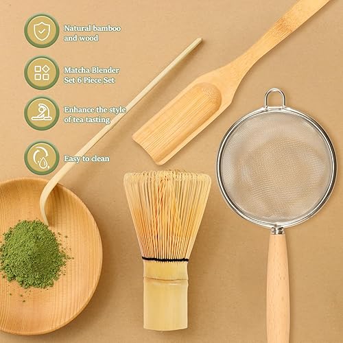 Lot de 6 fouets à matcha japonais avec fouet à matcha, spatule, cuillère à thé, tamis, fouet, bol à matcha en céramique, kit d'accessoires pour les amateurs de thé - Nail Gallerys
