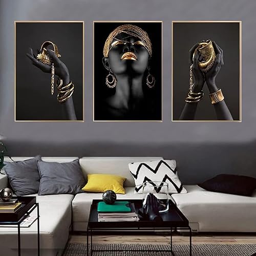 UGZDEA Lot de 3 images sur toile pour femme africaine - Collection dorée Pour femme noire Décoration de salon - Pas de cadre (A, 3x40x50cm) - Nail Gallerys