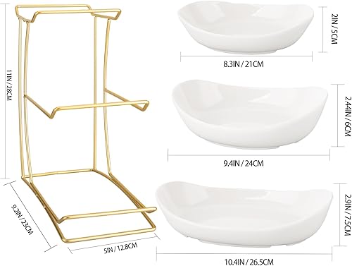 XUDREZ Corbeille à fruits en céramique à 3 niveaux - Blanc et doré - Avec support en métal - Pour salade, collations, pain, bonbons, légumes - Blanc - Nail Gallerys