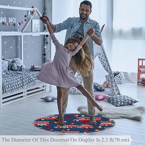VAPOKF Tapis de salle de bain, camions de pompiers, tapis de sol antidérapant bleu foncé pour canapé, chambre, chambre à coucher, crèche (rond - Diamètre 0,7 m) - Nail Gallerys