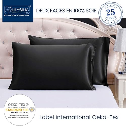 LilySilk Taie d'oreiller Soie 25 Momme [1 Pièce] Anti-Chute de Cheveux Anti-acariens Hypoallergénique Housse de Coussin pour Cheveux Protège Oreiller Soie de Mûrier Bio Noir 50x70cm - Nail Gallerys