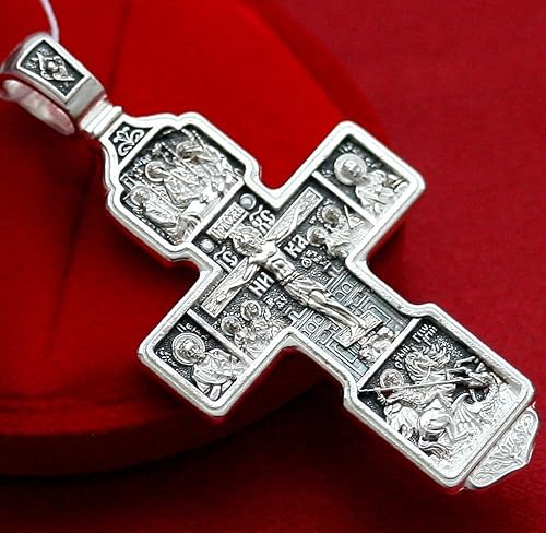 Magnifique croix crucifix orthodoxe russe Sainte Trinité Archange Saint Michel Saint Guerries et Notre-Dame de Thikvine DM05, Argent - Nail Gallerys