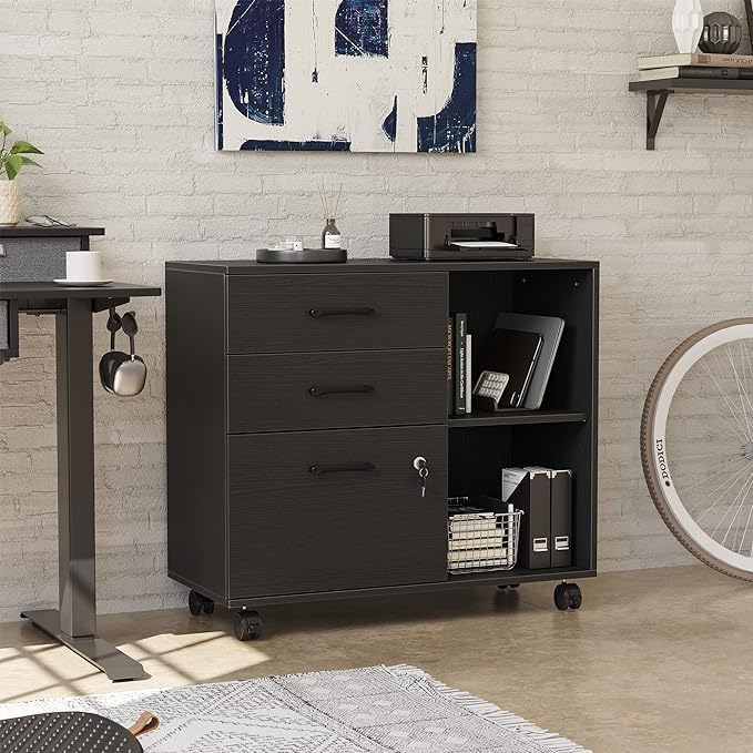 FEZIBO Armoire de classement mobile à 3 tiroirs, armoire latérale avec serrure, support d'imprimante avec compartiments de rangement ouverts pour le bureau à domicile, marron rustique - Nail Gallerys