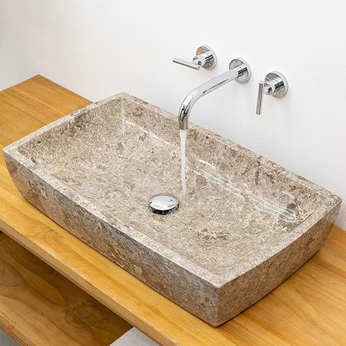 Wohnfreuden Lavabo Mara en marbre crème carré 70 cm – Lavabo à poser en pierre polie avec trou pour robinetterie au design moderne - Nail Gallerys