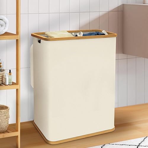 IDMarket - Panier à Linge 2 bacs Amovibles Bambou Rita Tissu écru 140 L - Nail Gallerys