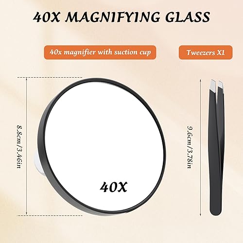 teasteam Miroir grossissant x 40 - 8,8 cm - Avec ventouses et pince à épiler - Portable - Grossissement puissant - Pour table de voyage, salle de bain - Maquillage précis et rasage des sourcils - Nail Gallerys
