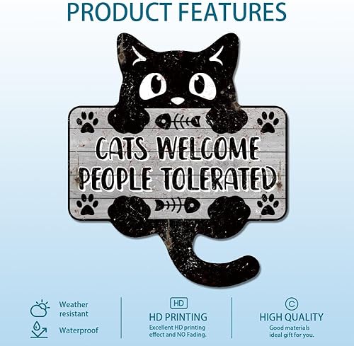 GLOBLELAND Plaque en Métal avec Motif 'Cats Welcome People Tolerated' Chat Noir Décoration Murale Vintage Amusante pour Salon Chambre Café Cuisine Restaurant animal de compagnie - Nail Gallerys